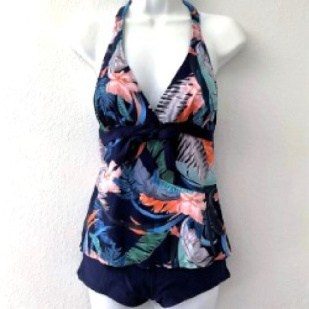 TROPICAL TANKINI SET BOY SHORTS TWO PIECE SWIMSUIT - Picture 1 of 12
